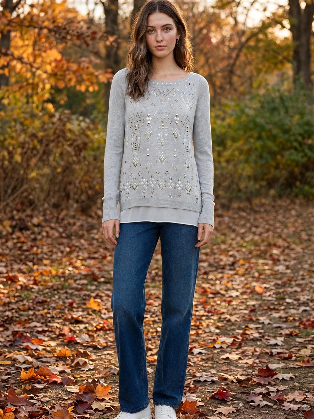 White House Black Market Light Gray Crewneck Sweater with Metallic Studs